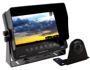 RazerCam camera in bracket next to 7 inch AHD waterproof monitor on white background